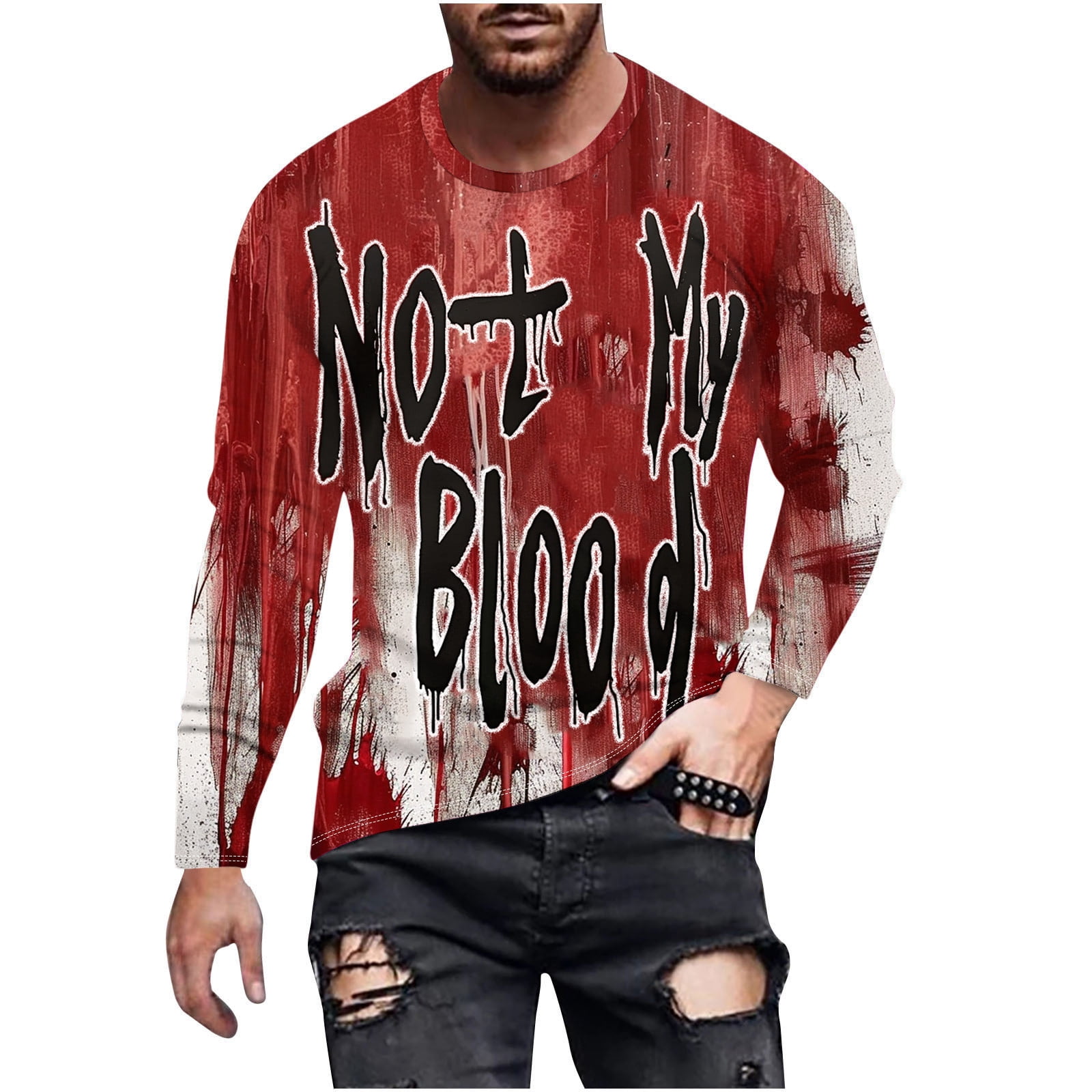 

Футболка с длинным рукавом и принтом «Bloody Letter I m Fine» на Хэллоуин, мужская модная повседневная футболка с круглым вырезом на Хэллоуин S