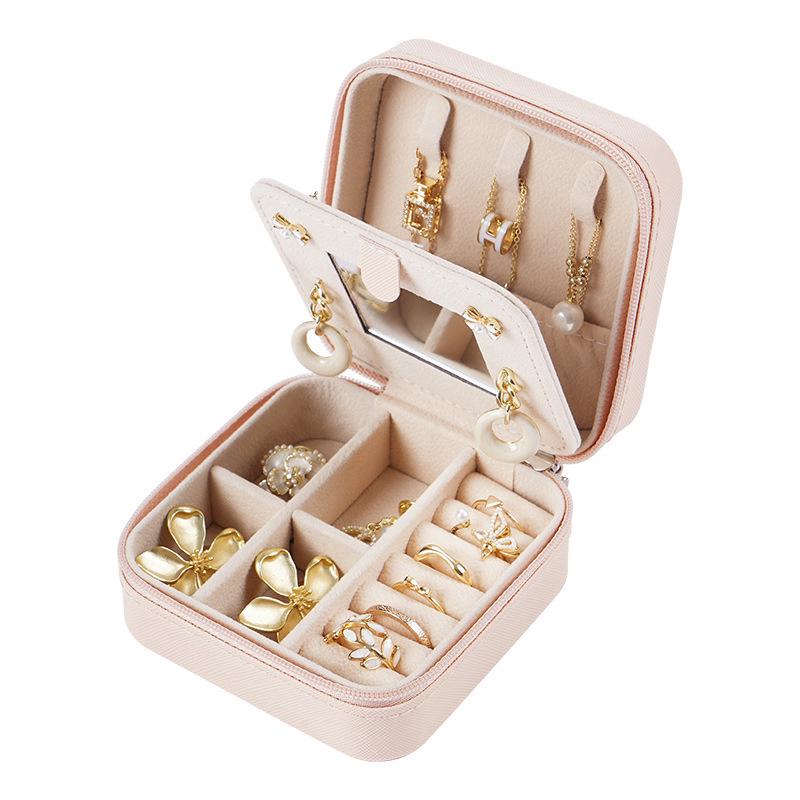 Compact Zippered Jewelry Box with Mirror – Stylish Travel Case for Rings, Earrings, and Accessories