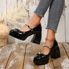 2026 Fashion High-heeled sandals Block Heel Single Shoes Fashion Round Toe Shallow Mouth Pearl One Line Bow Platform Pump
