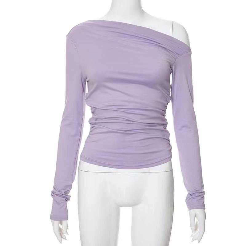 YYFS Moda Donna Casual Primavera Autunno Tinta Unita Stampa Manica Lunga Scollo Obliquo Bluse e Camicie