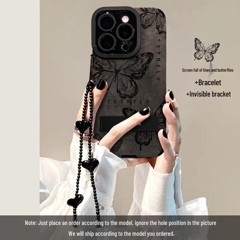 Retro Butterfly Leather Texture iPhone 15 Pro Max Suede Case with Women's Chain