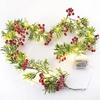 Battery Powered LED Green Leaf String Lights Red Berry Christmas Red Fruit Garland Mantel Decor