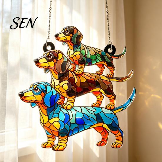 Dachshund Lover Gift Idea Hanging Ornament, Acrylic Window Sun Catcher, Cute Car Ornament Dog Decoration for Home Room Decor, Front Porch Accessory