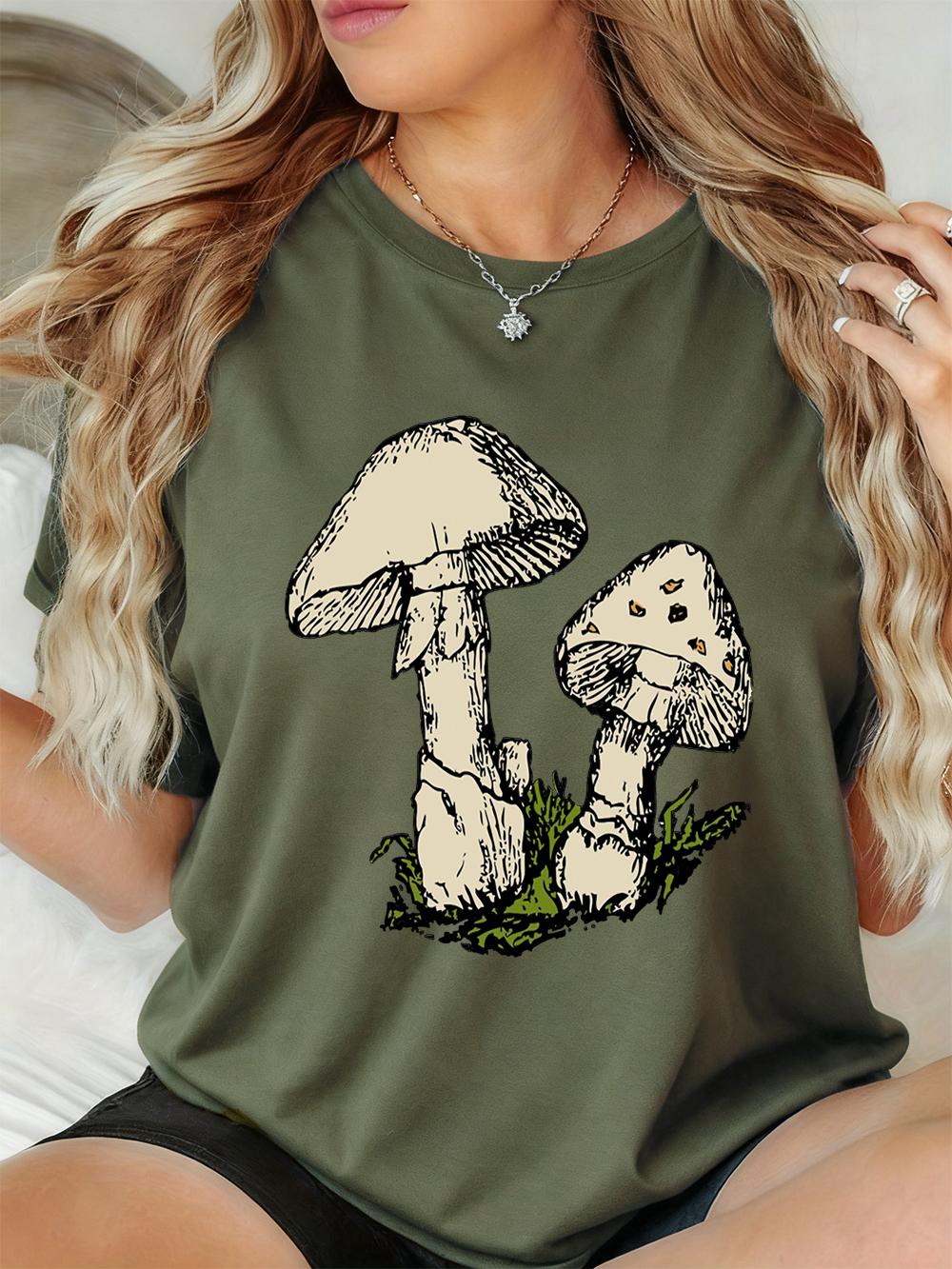 

Cute Mushroom Printing T-Shirts Womens Summer Loose Short Sleeve Tops O-Neck Soft T Shirt Basics Comfortable Womans Streetwear S