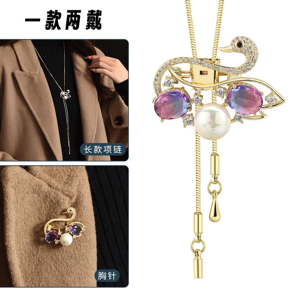 Suijue Pearl Sweater Chain Two Wear Crystal Flower Long Necklace Titanium Steel National Style Two Wear Function