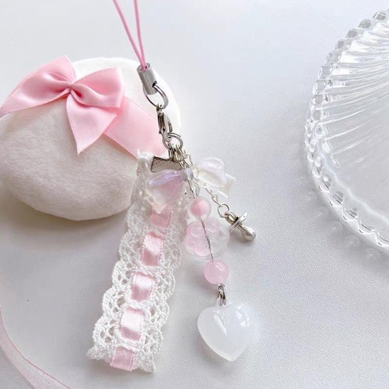 Dainty Lace Ribbon Keyring Cute Heart Pendant Keychain Colorful Beaded Phone Lanyard Multi-Functional Bags Accessories