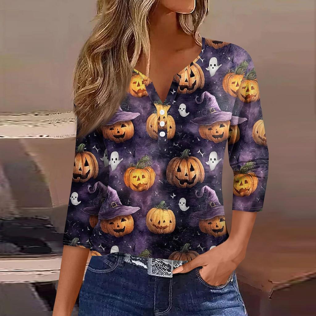 Top T-shirt da donna con scollo a V, bottoni, maniche a tre quarti, per Halloween
