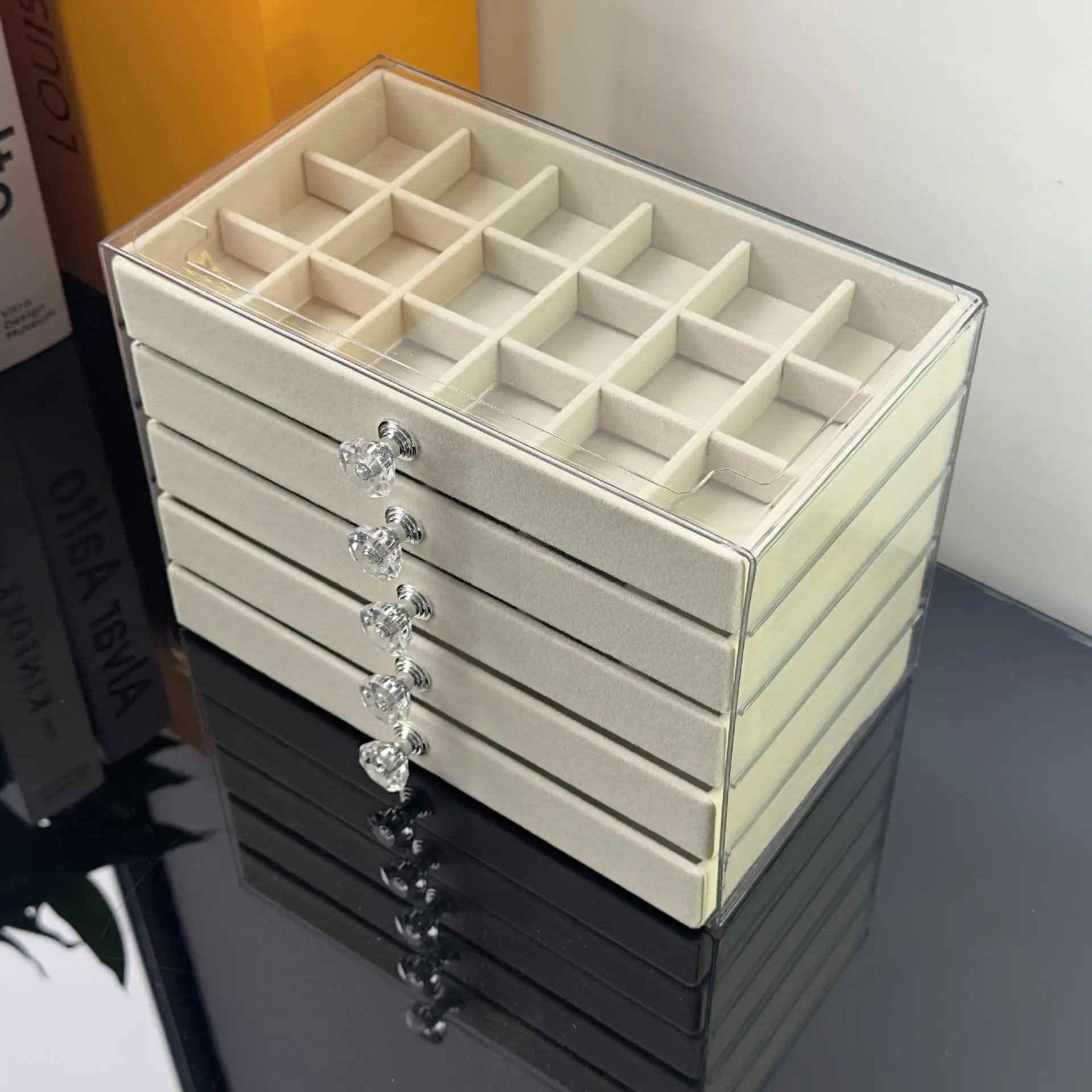 

2025 Acrylic Velvet Jewelry Organizer with 5 Drawers for Earrings Necklaces Bracelets Storage- Stackable Display Case Box Holder бежевий