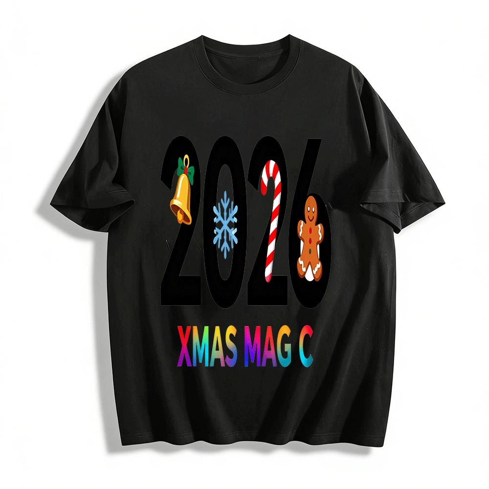 2026 Christmas Themed Bell Gingerbread Man Print Casual Top Pure cotton T-shirt XXS