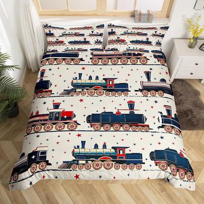Vintage Steam Train Duvet Cover Cartoon Classic Railway Retro Bedding SetGift for Girls Boys Travel Locomotive Train Bed Cover