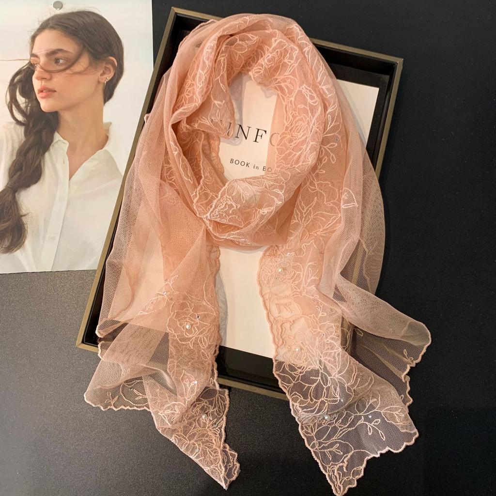 Vreovor Lace Pearl Diamond Silk Scarf Korean Version Versatile White Lace Embroidery Headband Dress Waist Seal