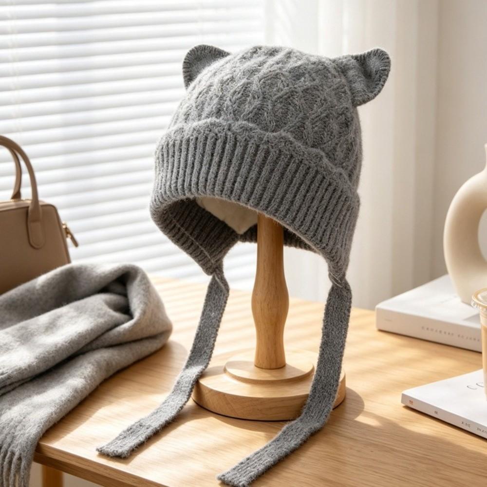 Warm Knitted Cat Ear Knit Hat Windproof Head Cover Korean Style Soft Beanie Winter Commuting