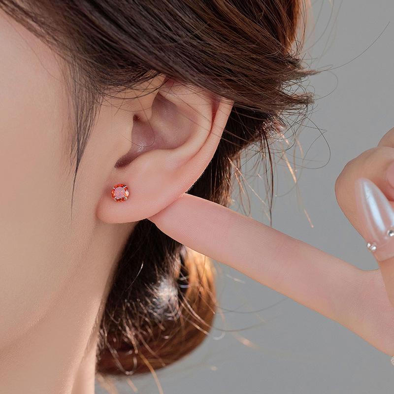 Banyan Tree S999 Silver Birthstone Earrings: Women's Four-Claw Colored Diamond Ear Studs for Everyday Wear