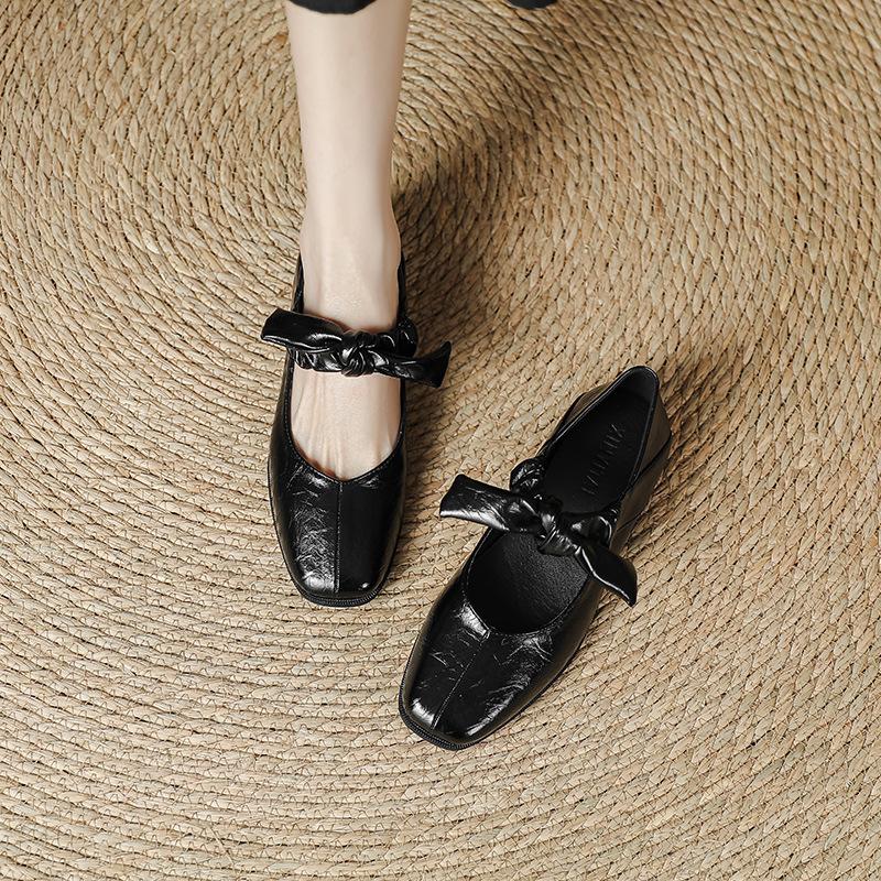 Britischer Stil flacher Mund einzelne Schuhe Damen Schleife ein Wort mit flachen Schuhen ein Fuß quadratischer Kopf Mary Jane Schuhe kleine Lederschuhe Damen