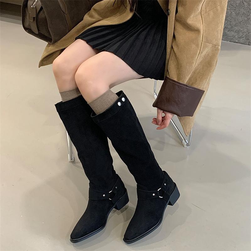 Rich and rich retro Maillard cowboy boots belt buckle thick heel tall boots autumn and winter 2025 new knight boots