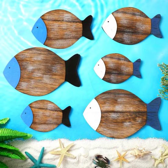 6 Pcs Wooden Fish Wall Decor Nautical Coastal Wood Wall Art Rustic Beach Ocean Fish Lake House Hanging Ornament for Bathroom Bedroom