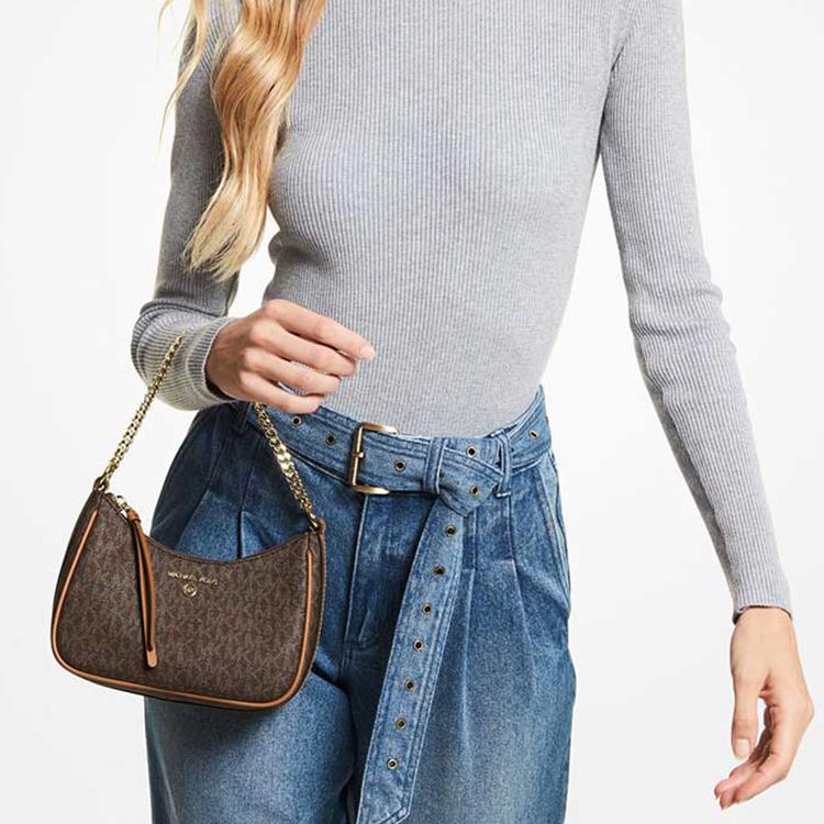 Michael Kors MK Jet Set Charm Monogram Kovový řetěz Plátěná taška přes rameno Dámská taška přes rameno Tmavě hnědá 32H1GT9C1B-BRN-ACORN