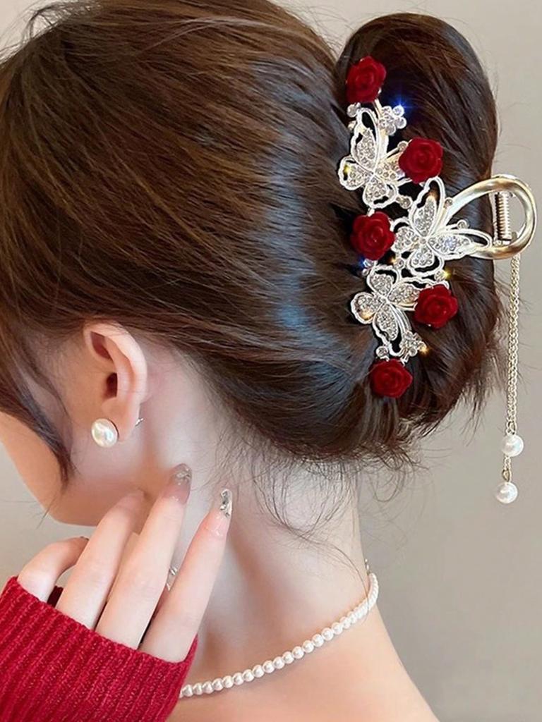 1 Pcs Fashion Exquisite Crystal Butterfly Rose Flower Artificial Pearl Tassel Hair Claws For Women Girls Party Hair Accessories