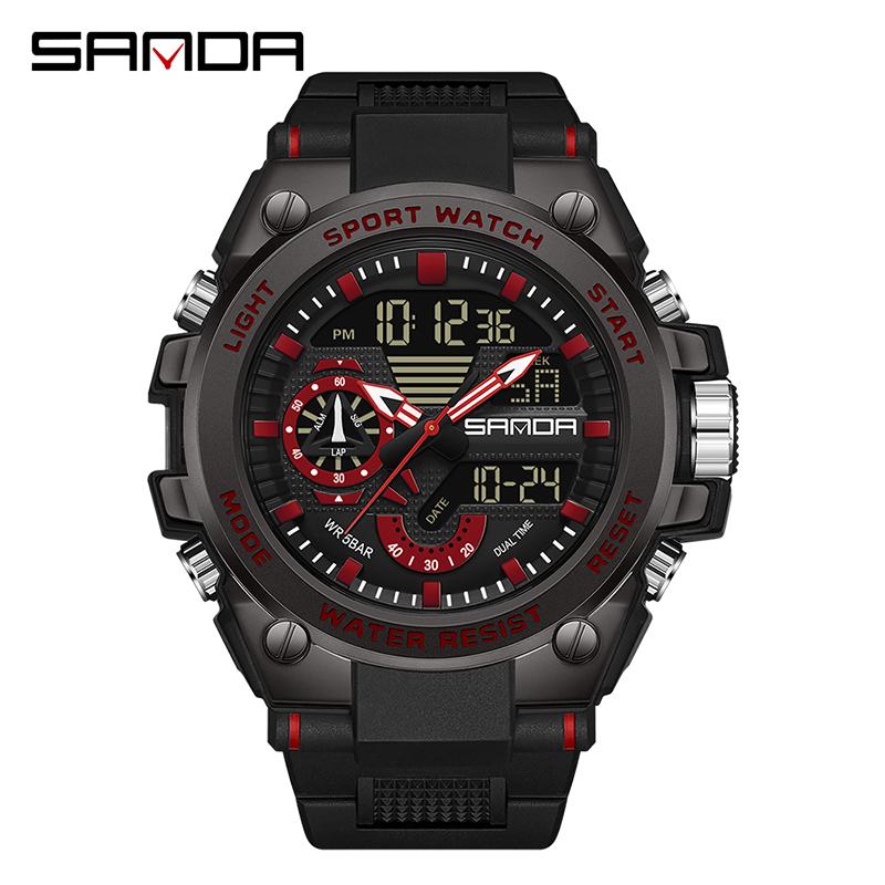 SANDA Luxury LED Dual Display Digital Quartz Watch for Men Shockproof Waterproof Sports Wristwatches Student Watch