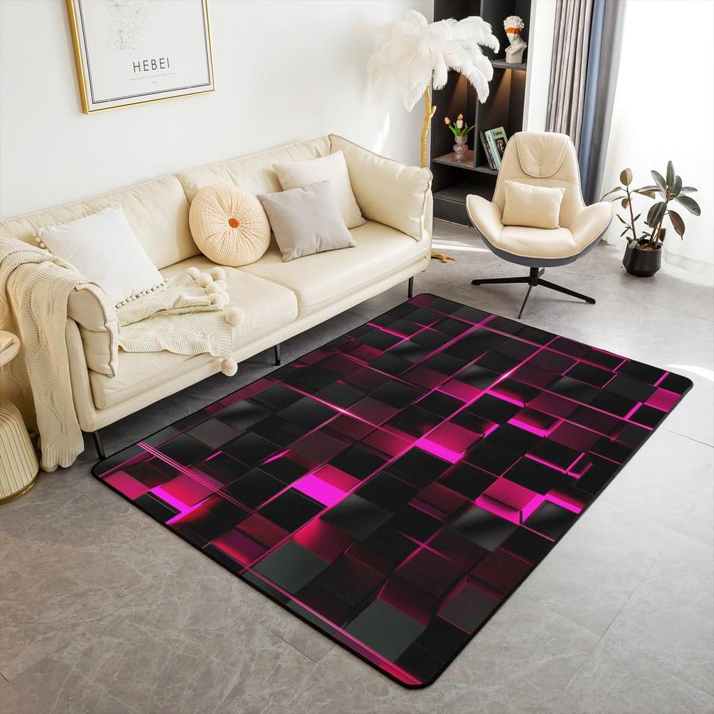Erosebridal Teen Boy Geometric Rug 3x5 Black Navy Royal Blue Kids Area Rug,Neon Abstract Stereoscopic Check Grid Carpet Square Plaid Decorat