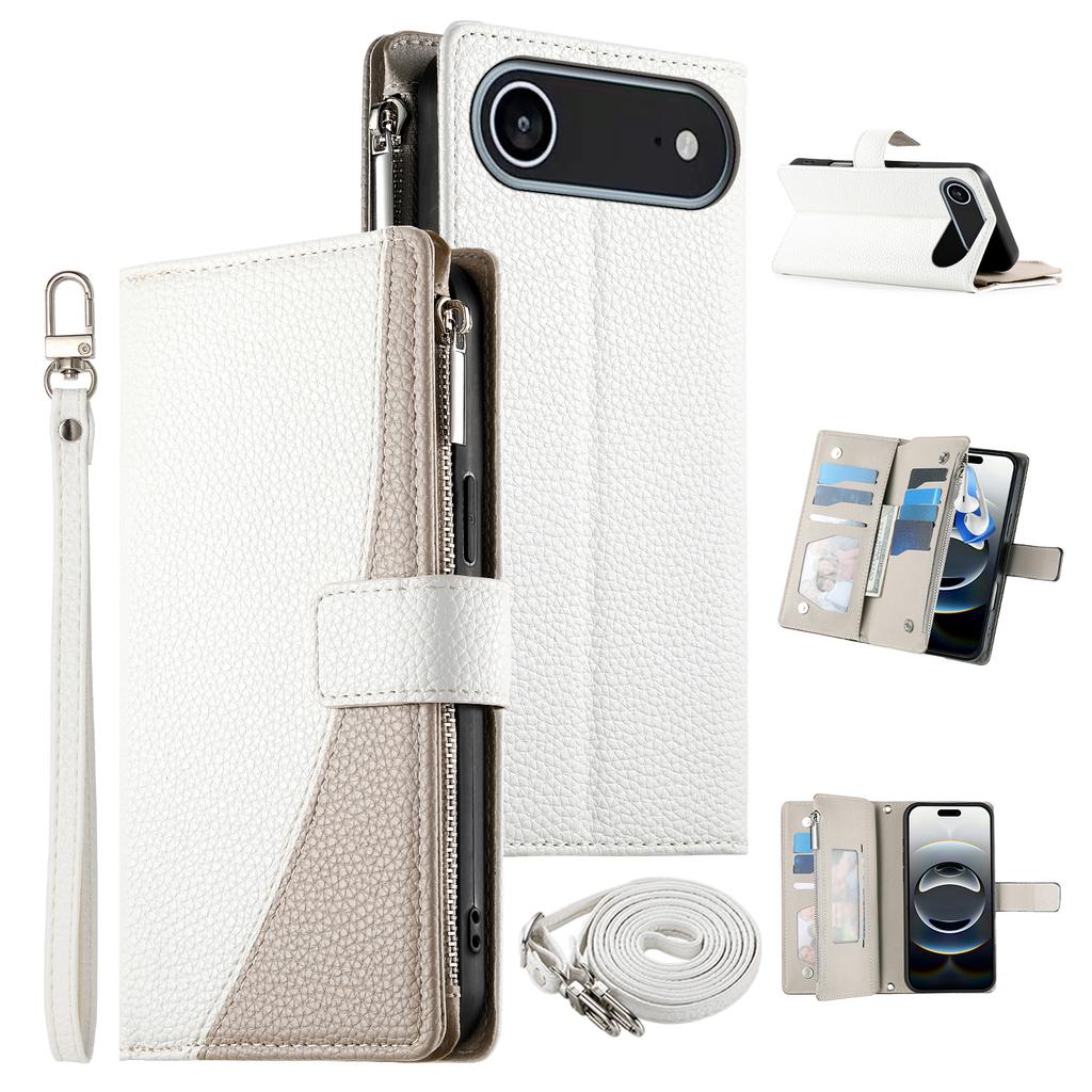 Für iPhone 17 Air Hülle Reißverschluss-Geldbörse Farbspaltung Leder Klapp-Handyhülle mit Riemen