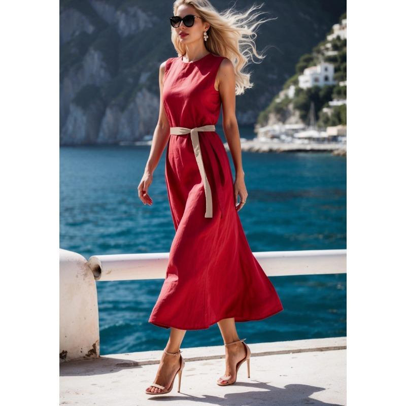 Women's Fashion Summer Spring Solid Color Print Sleeveless O-Neck High Waist Casual Dresses