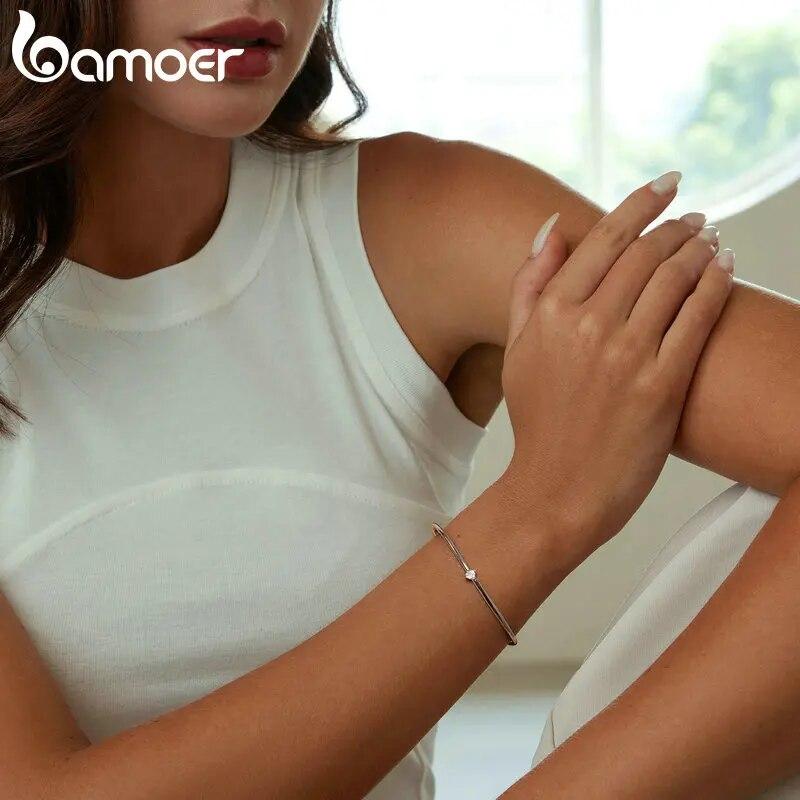 BAMOER 925 Sterling Silver Simple Zircon Bangle Shiny Star Bracelet for Women Valentine's Day Gift Platinum Plated Fine Jewelry
