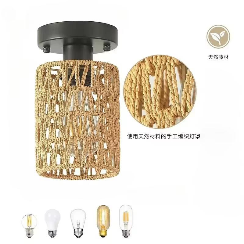 Vintage Hemp Rope Iron Art Chandelier Ceiling Lamp Pendant Boho Ceiling Lamp with Rattan Shade Bamboo Rustic Hanging Lamp