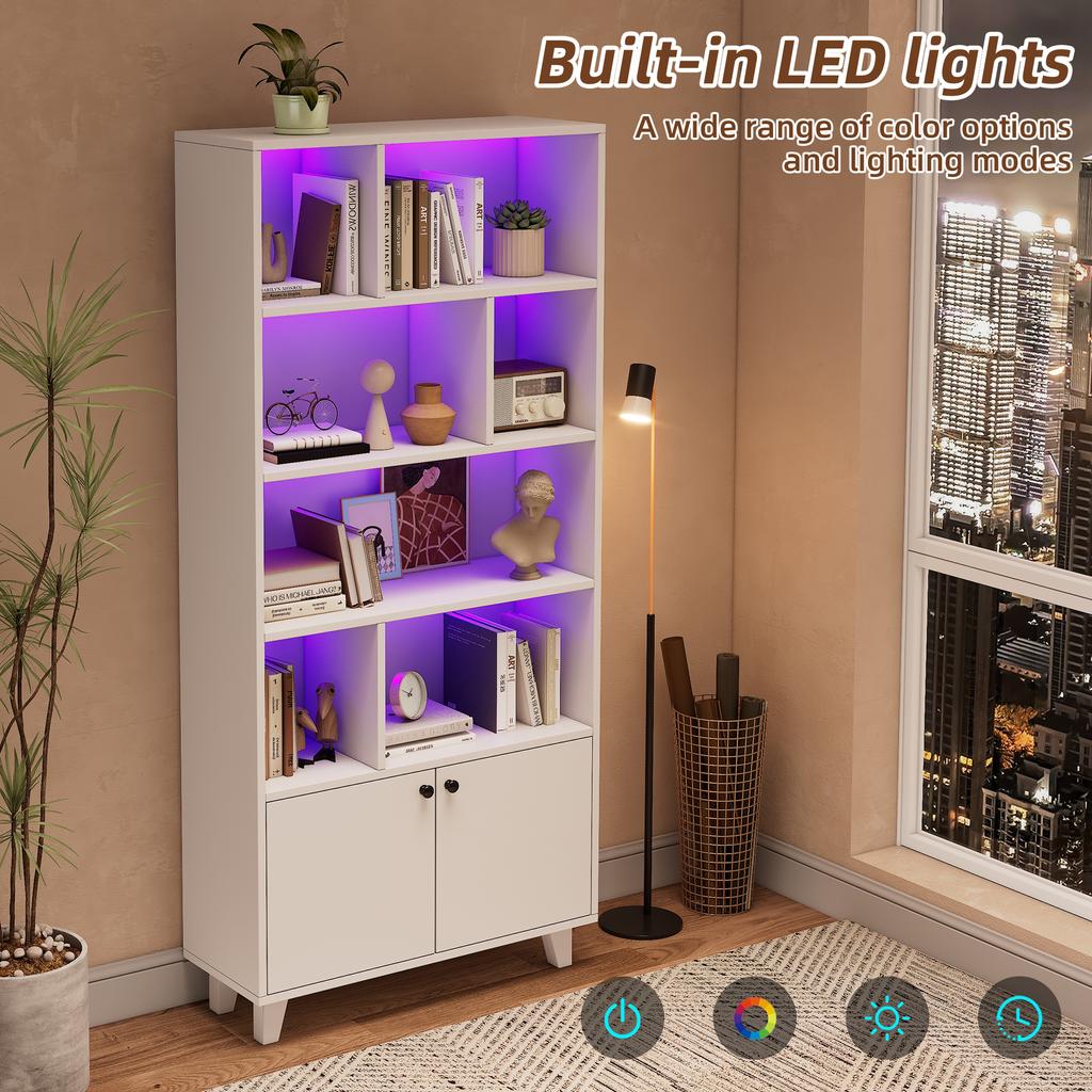 80x30x173cm Bookshelf, Solid Wood Legs, Multiple Storage Compartments, Double Doors, LED Color-Changing Ambient Light, App Control, White
