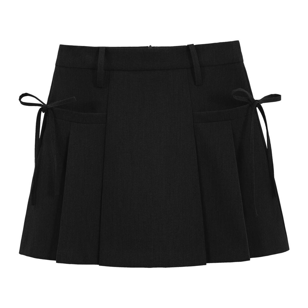 Grey Pleated Skirt for Women Summer Academic-inspired High-waisted Slimming A-line Skirt with Design-driven Tie-bow Detail and Tailored Short Skirt