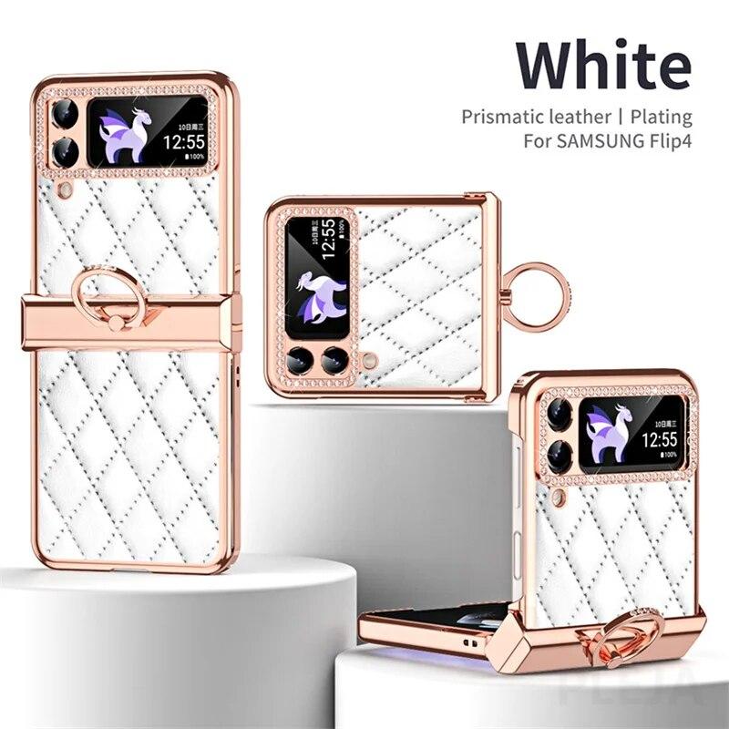 Ring Holder Hinge Protection Leather Case for Samsung Galaxy Z Flip 5 4 3 5G Small Fragrant Wind Shockproof Cover
