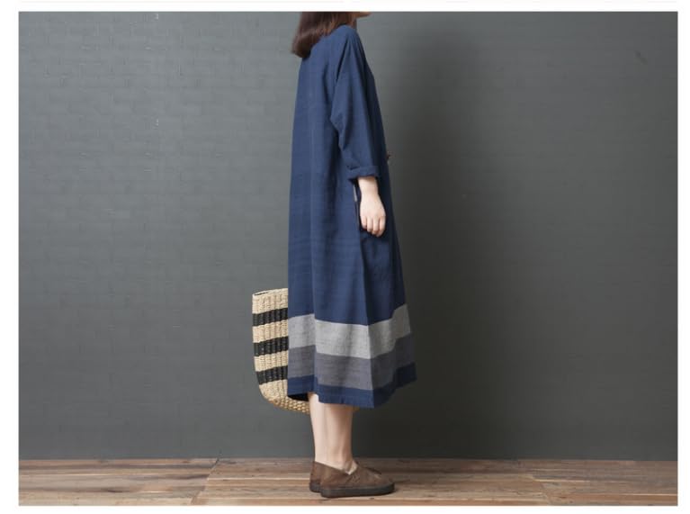 JINJUDUO Long Loose Midi Color Relaxed Sizes Office Fall Women's Cotton-Linen Dress, Sleeve, A-Line, Fit, Length, Block, Fit, M-2XL, Slimming,