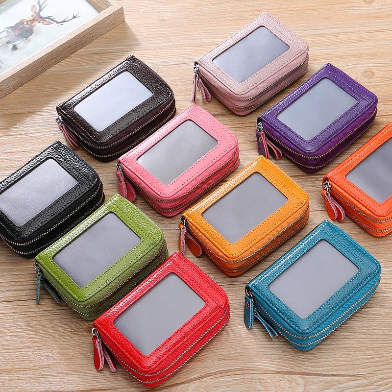 RFID Cowhide Leather Card Holder & Coin Purse with Double Zipper