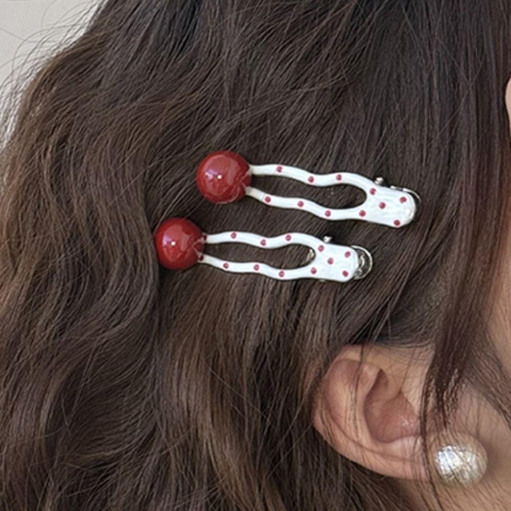 2 PCS Red Heart Bangs Duckbill Hair Clips Polka Dot and White Wave Point Hair Accessories  For Girls