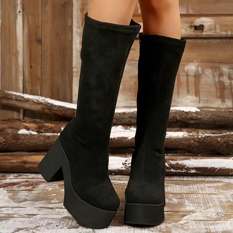 Fashion Shoes Female 2024 Fashion Side Zipper Women's Boots Winter Round Toe Suede Solid High Tube Platform Chunky Heels Women's Boots