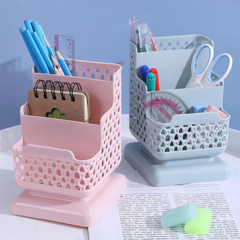 3-grid Pen Holder Plastic Hollow Storage Box for Student Desktop School Stationery Storage Multifu Phone Holder Storages Bucket