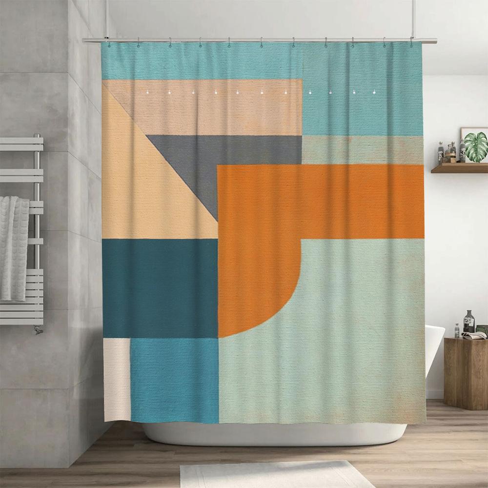 Modern Geometric Print Shower Curtain For Bathroom Decor Orange Blue Beige Design Waterproof Bath Rug Liner
