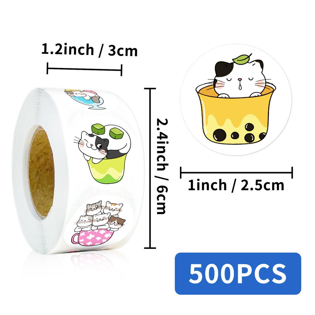 500 Sheets/Roll Cup Cat Sticker Roll Sticker Cute Wind Decorative Sticker Material Sealing Sticker