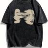 Vintage Washed Abstract Face Graphic TShirt Surreal Art Print Oversized Unisex Streetwear Tee Retro Aesthetic Top for Men Women