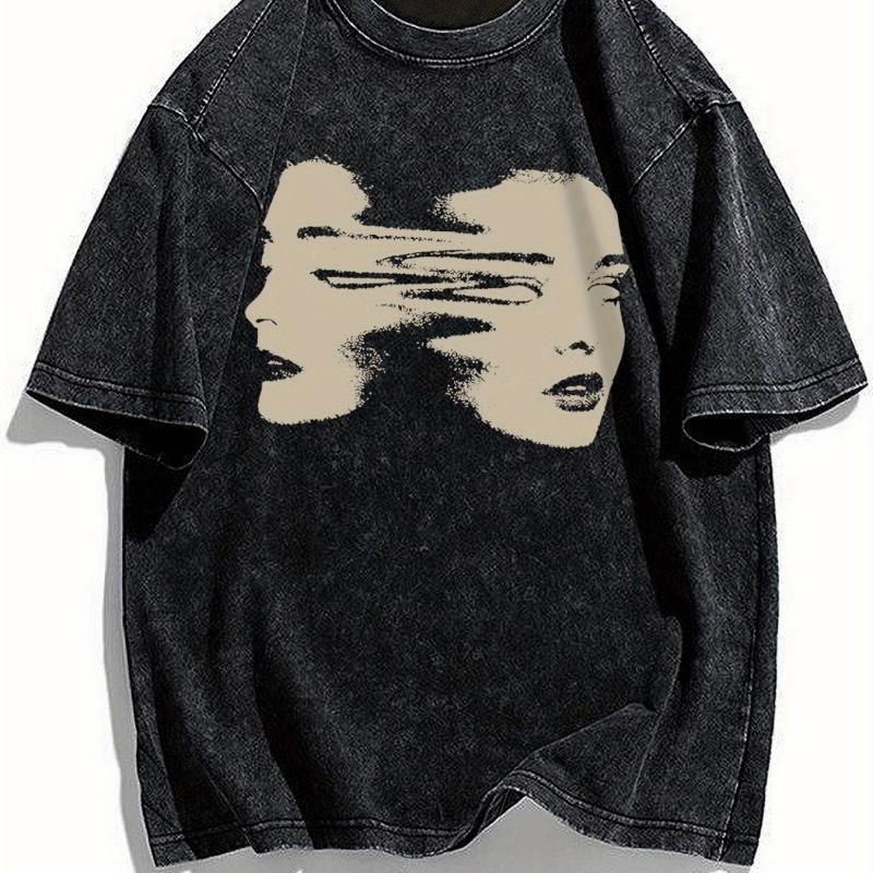 Vintage Washed Abstract Face Graphic TShirt Surreal Art Print Oversized Unisex Streetwear Tee Retro Aesthetic Top for Men Women