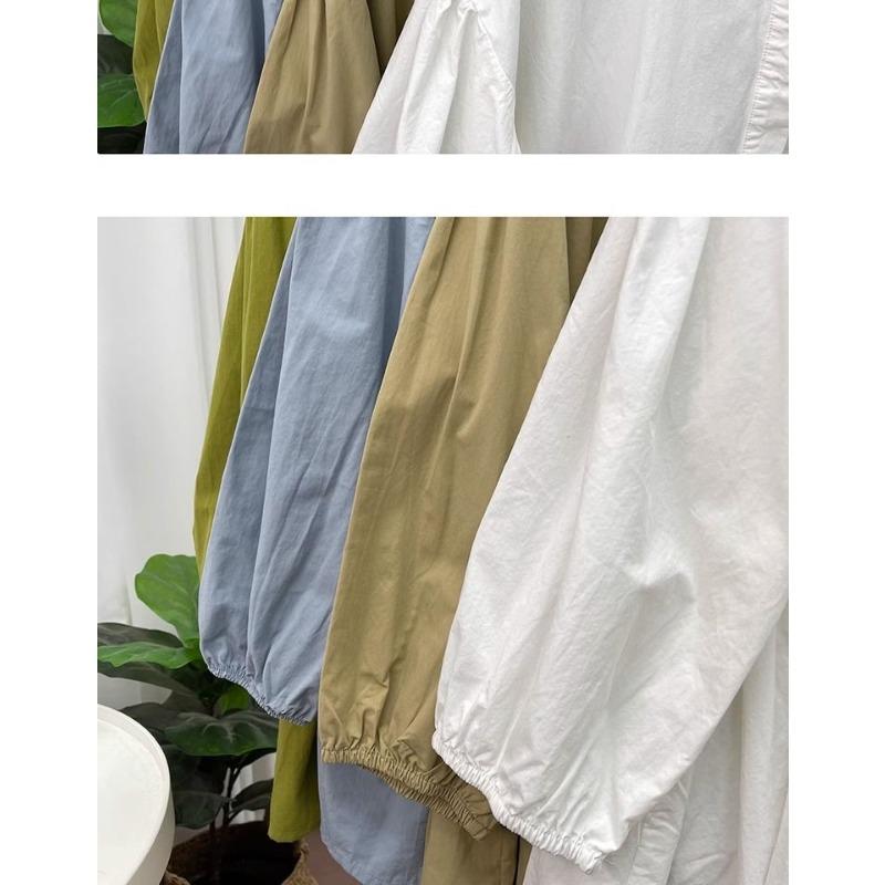 Womens Casual Solid Color V Neck Puff Sleeve Pleated Blouse