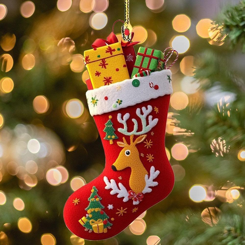 1/6Pcs 2D Christmas Socks Decorations Colorful Handcrafted Christmas Tree Ornaments Acrylic Christmas Tree Pendant Holiday Decor