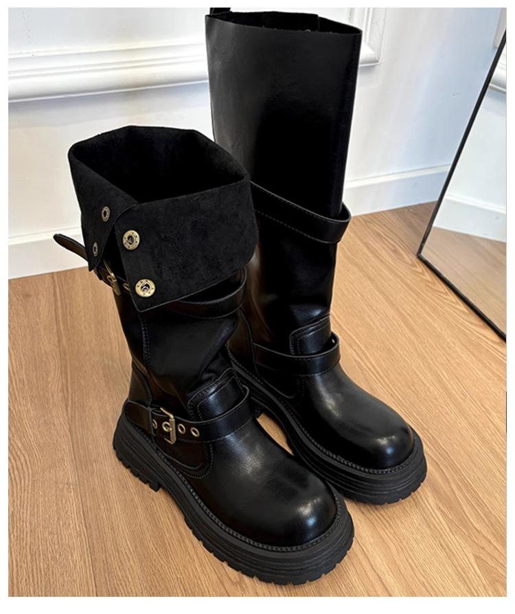 Cowhide version~ thick-soled heightening boots women's autumn and winter versatile British style thick heel Maillard retro knight boots
