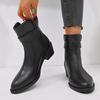 British Style Black Ankle Boots Plus Size Pu Leather Med Heels Boots Women ZIP Comfort Square Heeled Pointed Toe Short Boots