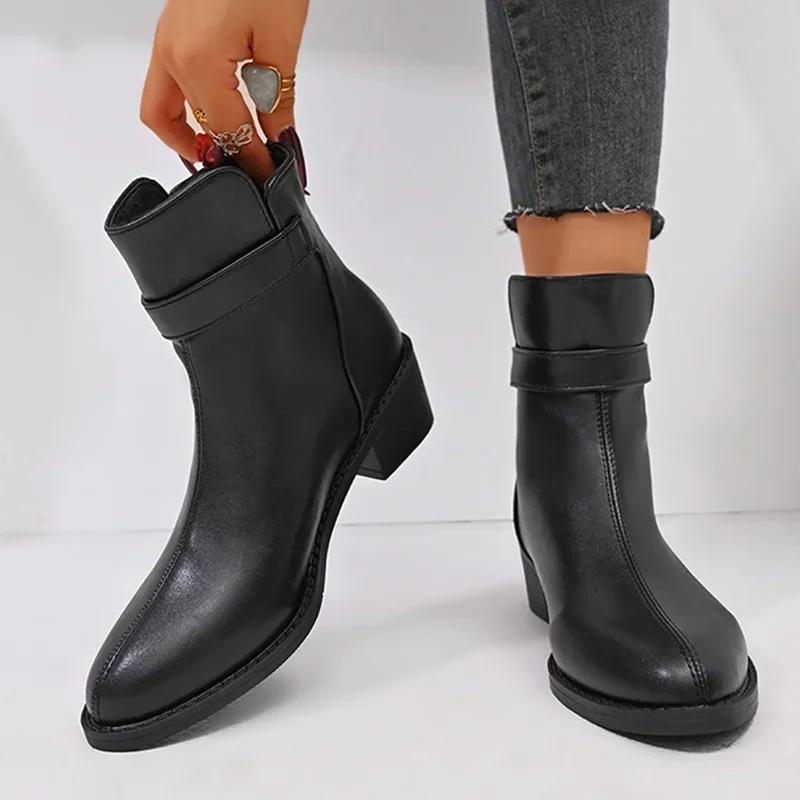 British Style Black Ankle Boots Plus Size Pu Leather Med Heels Boots Women ZIP Comfort Square Heeled Pointed Toe Short Boots
