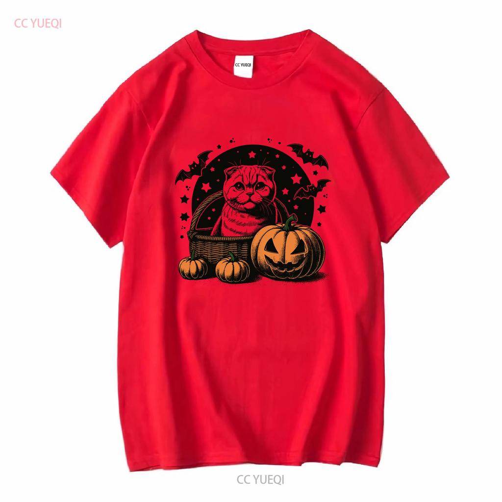 Halloween Pumpkin Cat T Shirt Scottish Fold Cute Owner Spooky Season Fall Long Or Short Sleeves Vintage Washed Casual Homme