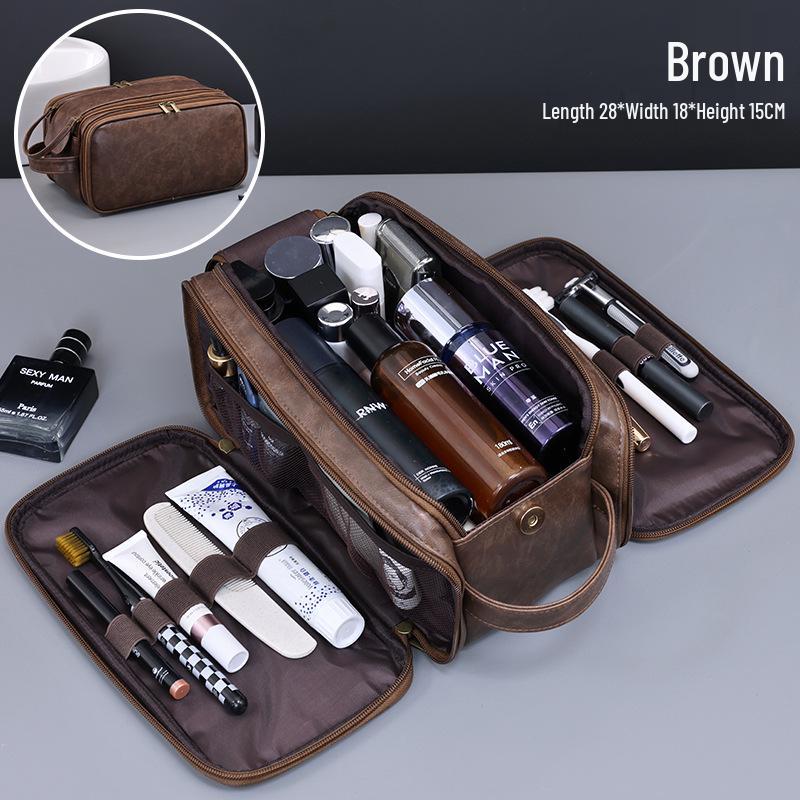 Retro PU Leather Men's Travel Toiletry & Makeup Bag - Waterproof, Portable, Handheld Storage