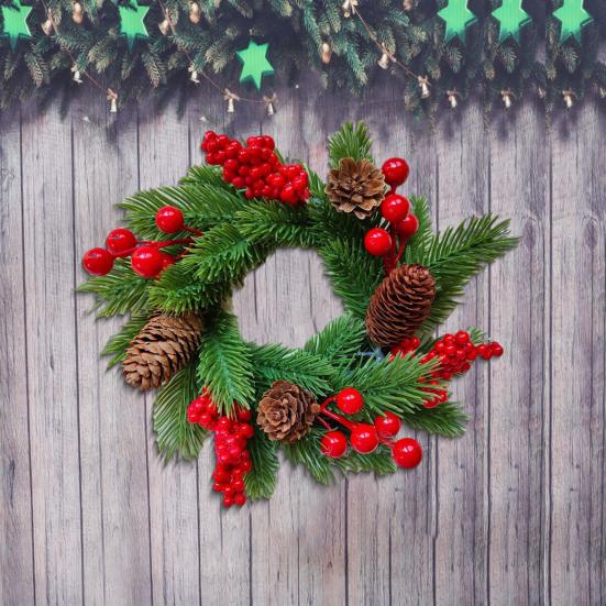 Christmas Candle Ring Wreath Artificial Red Berry Pinecone Pine Needles Candle Wreaths Small Tabletop Candle Holder for Home Party Fireplace Decor