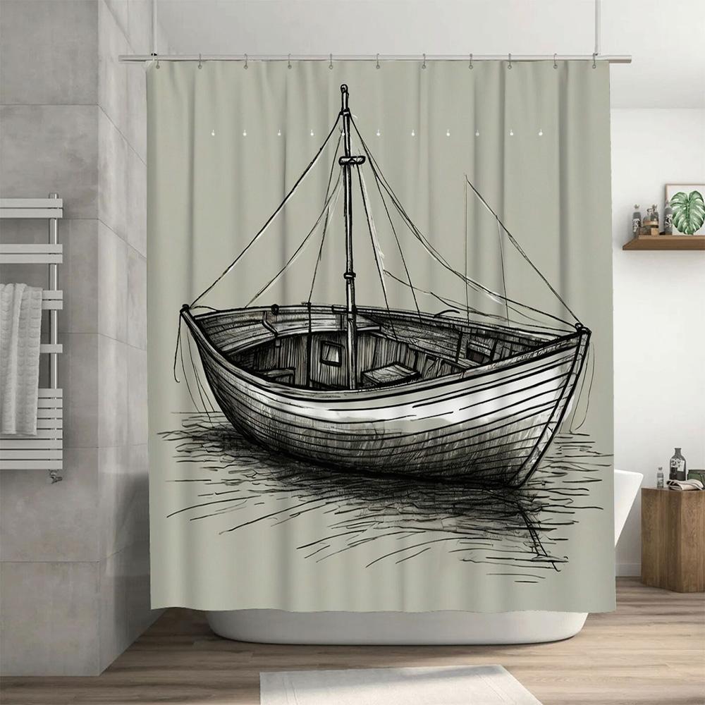Black And White Sketch Style Boat Shower Curtain Decor A Chic Addition For Your Bathroom With This Stylish Boat-Themed Shower Cu