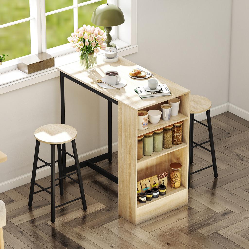 3-Piece Bar Table Set, 1 Counter, 2 Chairs, with Storage and Footrests, Space-Saving, Light Brown+Black